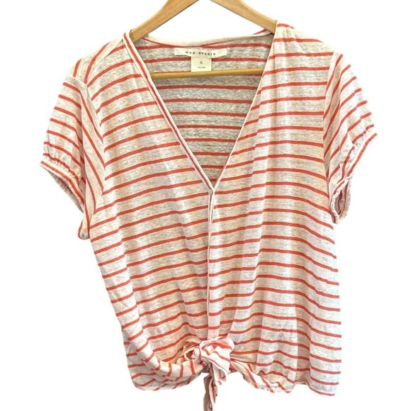 Max Studio Womens White Orange Striped Nautical Tie Front Blouse XL V Neck Linen - Picture 1 of 5
